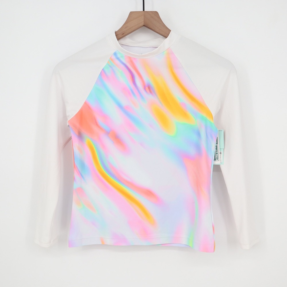 DSG Girls L 10-12 Long Sleeve Rash Guard White Multi Abstract UPF 50+